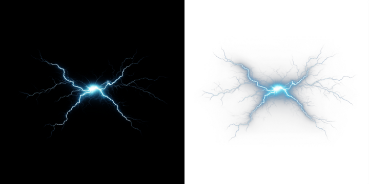 Electric lightning bolt overlay illustration with vibrant blue color on contrasting black and white backgrounds, perfect for dynamic design projects and creative compositions
