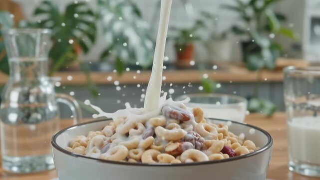 Close-up shot of breakfast cereal in a bowl being poured with milk, surrounded by a bright kitchen atmosphere
