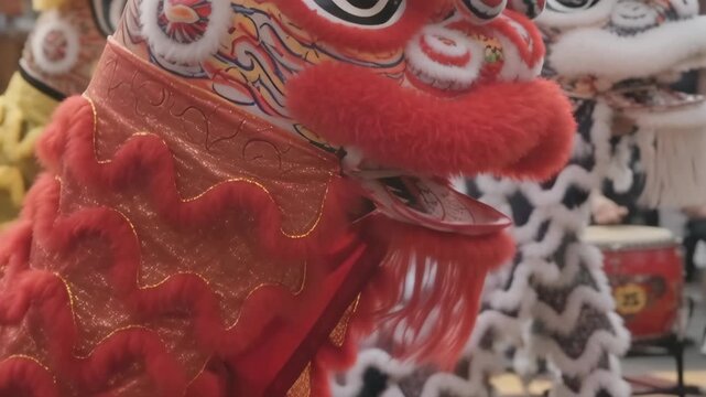 Close-up of a vibrant red lion dance costume with intricate details and patterns during a festive event