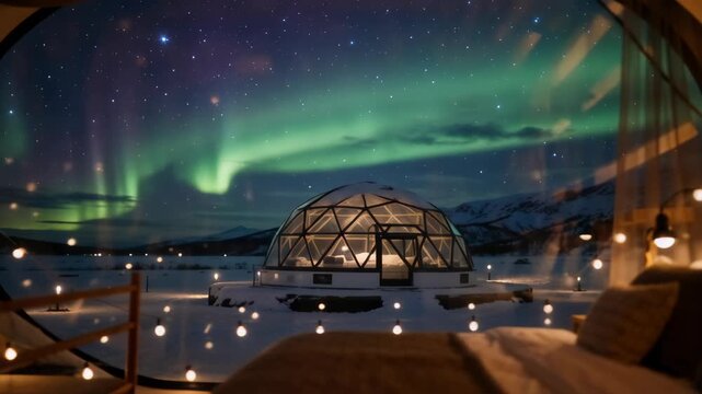 A cozy igloo-style dome home surrounded by snow, with northern lights illuminating the night sky