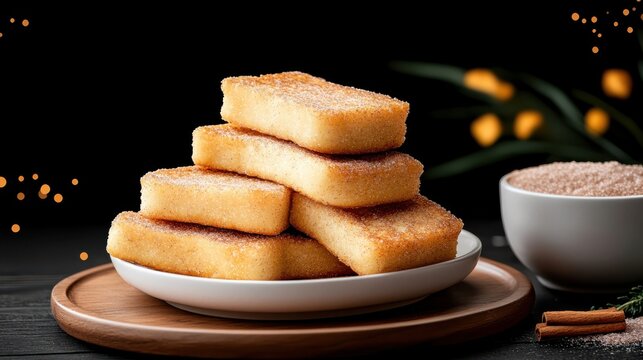 Stacked Torrijas, Traditional Spanish French Toast Dessert with Cinnamon Sugar, Served on a Wooden Board with a Bowl of Sugar, Dark Background and Festive Lights.