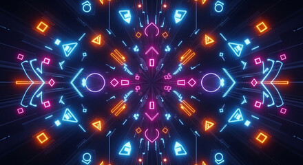A vibrant and symmetrical neon pattern with triangles, circles, and squares, ideal for creating a futuristic and energetic background