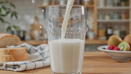 Fresh milk being poured into a glass on a wooden countertop with breakfast items in the background - Powered by Adobe