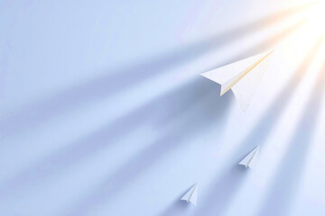 Paper airplane upward sunlight shadow minimal white blue creative concept hope three flying background soft studio light journey freedom leadership success inspiration direction