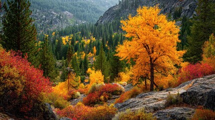 Fall Colors in Sierra Nevada Mountains: Red and Yellow Foliage in Truckee, California