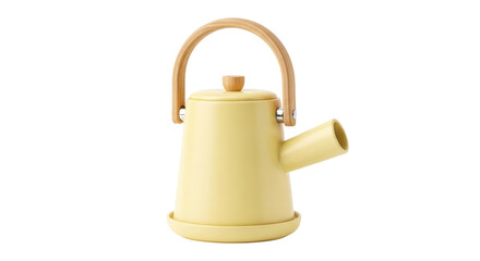 Isolated modern yellow kettle with wood handle and spout for brewing tea or coffee indoors