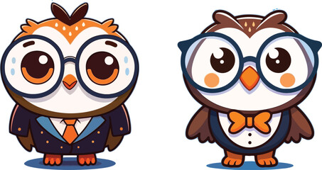 Naklejka premium Adorable cartoon owl couple dressed in business attire ready for success and teamwork vector