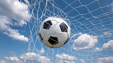 Classic black and white soccer ball hitting the goal net against blue sky with clouds during football match