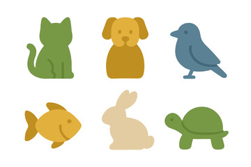 Fototapeta premium Simple stylized animal collection featuring cat, dog, bird, fish, rabbit, and turtle symbols