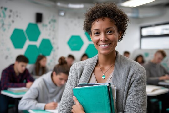Smiling female teacher standing in classroom with diverse group of students studying in background. Confident educator holding folders. Concept of education, leadership and inclusivity.