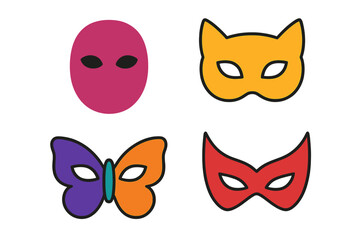 Fototapeta premium Vibrant set of four masquerade masks including cat, butterfly, and full face designs