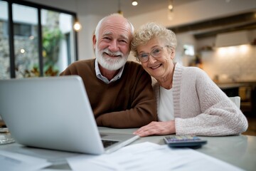 Happy senior couple smiling and using laptop at home. Elderly man and woman doing financial planning online together. Retirement, investment, insurance and family budget management concept.