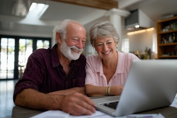 Smiling senior couple using laptop at home, managing finances online and planning retirement. Pension, banking, insurance, investment, legal agreement, taxes and financial lifestyle concept.
