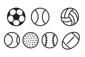 Outline icons set of popular sports balls including soccer baseball tennis golf and rugby