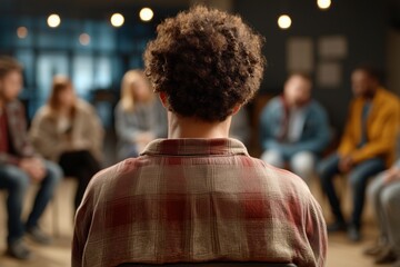 Rear view of person sitting in circle during group session. Therapy, communication, leadership and community support concept with people sharing and learning in modern setting.