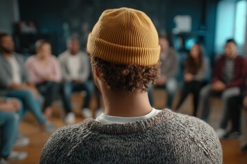 Rear view of person speaking in group circle during therapy session. Community support, communication, leadership and mental health concept with people sharing in safe environment.