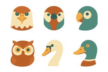 Minimalist collection of six bird heads including raptors, waterfowl, and tropical species