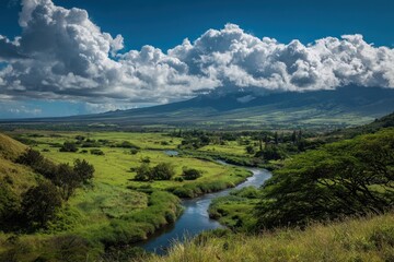 Obraz premium Kula Maui. Landscape of Green Fields and River under a Spectacular Sky