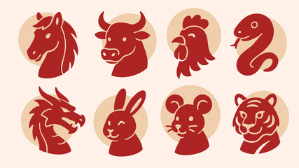 Chinese zodiac animal head collection in flat vector style