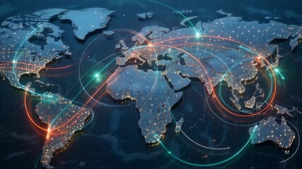 Animated world map with glowing connections highlighting global networks and data flow patterns - Powered by Adobe