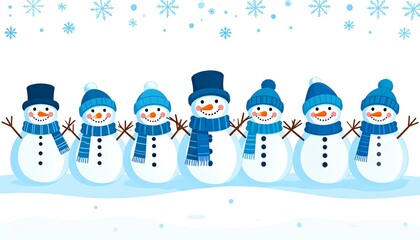 A cheerful line of snowmen, wearing winter scarves and hats, stand shoulder-to-shoulder in a snowy landscape with falling snowflakes