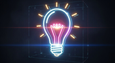 A glowing neon light bulb, radiating bright light and energy, symbolizing innovation, creativity, and the brilliance of a new idea