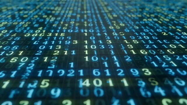 Abstract digital backdrop featuring streams of binary code with a futuristic appearance in green and blue hues