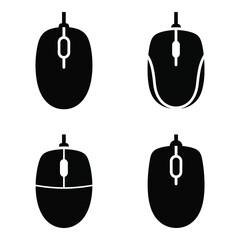 Collection of four distinct black computer mouse silhouettes showcasing different ergonomic designs and button layouts for modern computing silhouette