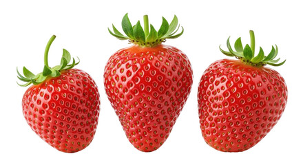 Isolated three fresh strawberries, red fruit, healthy eating, juicy sweet taste, nutrition, food
