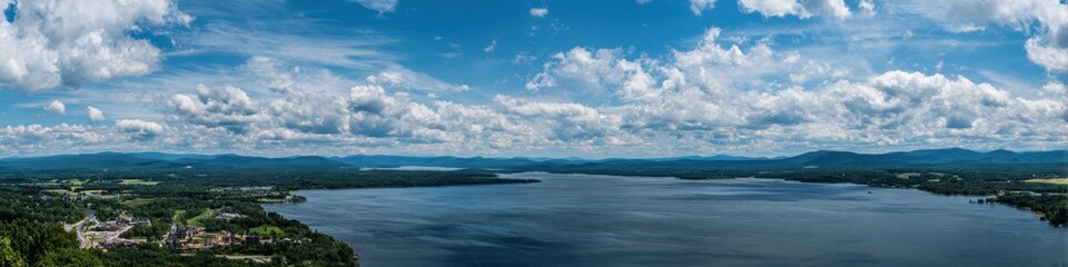 Fototapeta premium Lake Champlain NY. Panoramic View of Nature and City Skyline Overlooking the Blue Waters