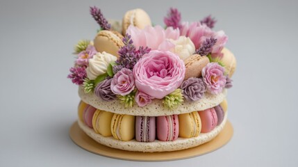 Wedding cake made of macarons decorated with fresh flowers in a lovely arrangement