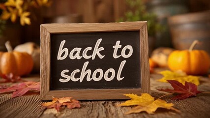 A charming chalkboard sign displays the phrase back to school. It is set among colorful autumn leaves and small pumpkins, creating a cozy fall atmosphere perfect for school themes. - Powered by Adobe