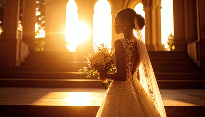 Horizontal, cinematic photo of an elegant bride in a beaded lace gown and veil, holding a pastel bouquet on church steps at sunset. perfect for wedding, fashion, or lifestyle uses