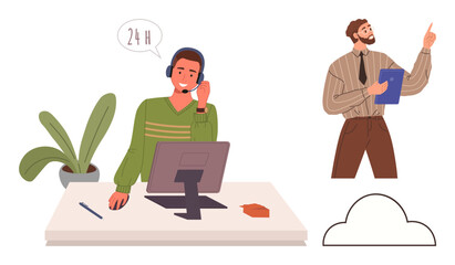 Service representative communicating via headset at desk with computer, plant, and clipboard. Ideal for customer support, teamwork, guidance, communication, collaboration, business coaching simple