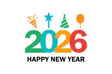 Happy New Year 2026 Celebration Design with Colorful Icons