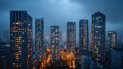 Stunning urban skyline at night captured during twilight with a blue-gray atmosphere overhead