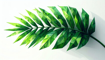 Low-poly tropical palm leaf with angular green polygons isolated on white background for modern 3D botanical design, geometric foliage art, and digital nature visualization