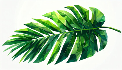 Low-poly tropical palm leaf with angular green polygons isolated on white background for modern 3D botanical design, geometric foliage art, and digital nature visualization