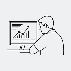 Silhouette man analyzing business growth chart on computer vector illustration