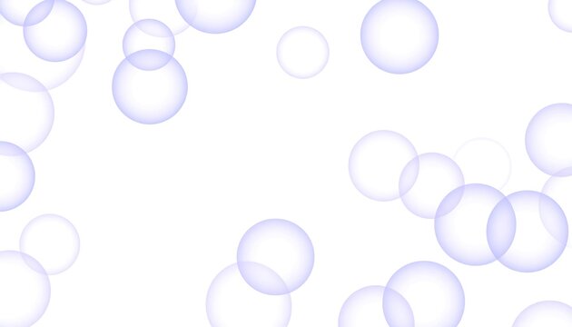 A light-colored background is adorned with various sizes of translucent spheres in shades of soft blue. The spheres are dispersed