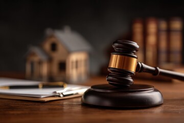 Obraz premium Gavel on wooden desk with property models