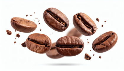 Roasted coffee beans levitating and flying on white background with clipping for modern 3D beverage design, dynamic coffee art, and digital food visualization
