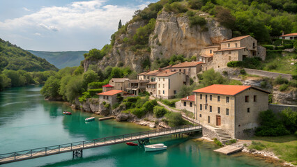 Fototapeta premium Historic Halfeti Town, Turkey: Traditional Architecture on Euphrates River with Turquoise Water and Hillside Views 