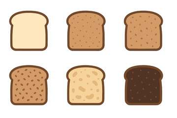 Assortment of six stylized bread slices including white, whole grain, and dark rye varieties