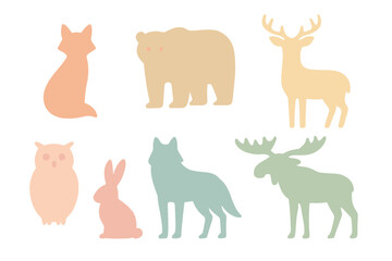 Obraz premium Minimalist North American forest animals set including bear, moose, deer, fox, wolf, rabbit, and owl