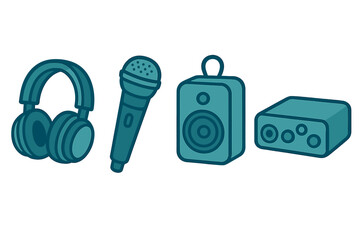 Professional audio equipment icons set featuring headphones microphone speaker and sound interface