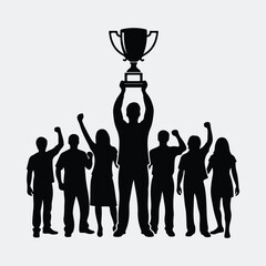 Silhouette team celebrating victory holding trophy above heads vector illustration