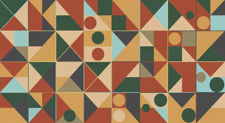 Retro geometric pattern with triangles, squares, and circles in warm and cool tones, creating a visually appealing and balanced composition
