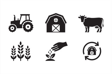 Sustainable farming icons with planting, cow, and harvest symbols for green branding