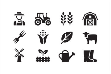 Farm equipment and animal silhouettes for green agriculture and rural business use
